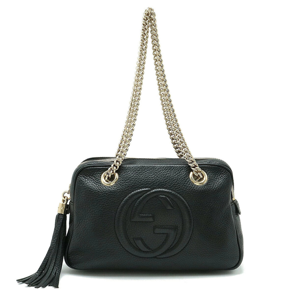 Gucci Soho Interlocking G Chain Shoulder Bag Fringe Tassel Leather Black